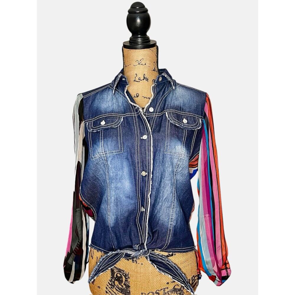 ALBERTO MAKALI DENIM FRONT SHEER MULTI COLOR SLEEVES & BACK TOP BLOUSE SMALL / S